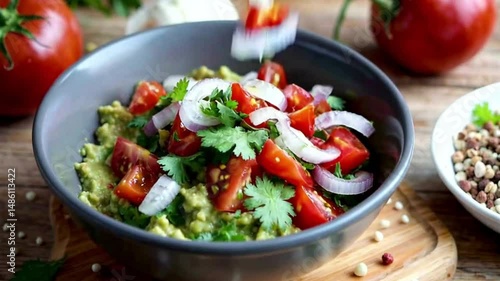 Wallpaper Mural A vibrant bowl of guacamole with fresh cilantro and colorful ingredients falling from above, capturing the fresh, creamy, and zesty essence of this classic Mexican dip in a dynamic, appetizing shot Torontodigital.ca