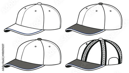 Baseball Cap Design Grid: Front, Side, and Rear Views Template