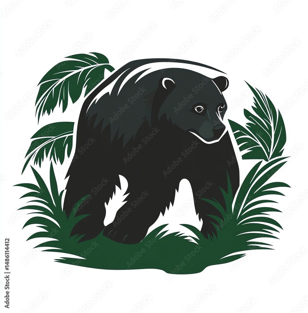 Obraz premium Majestic Black Bear Amidst Lush Amazonian Foliage, a Striking Minimalist Design