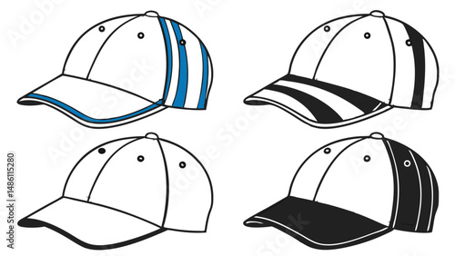 Baseball Cap Design Grid: Front, Side, and Rear Views Template