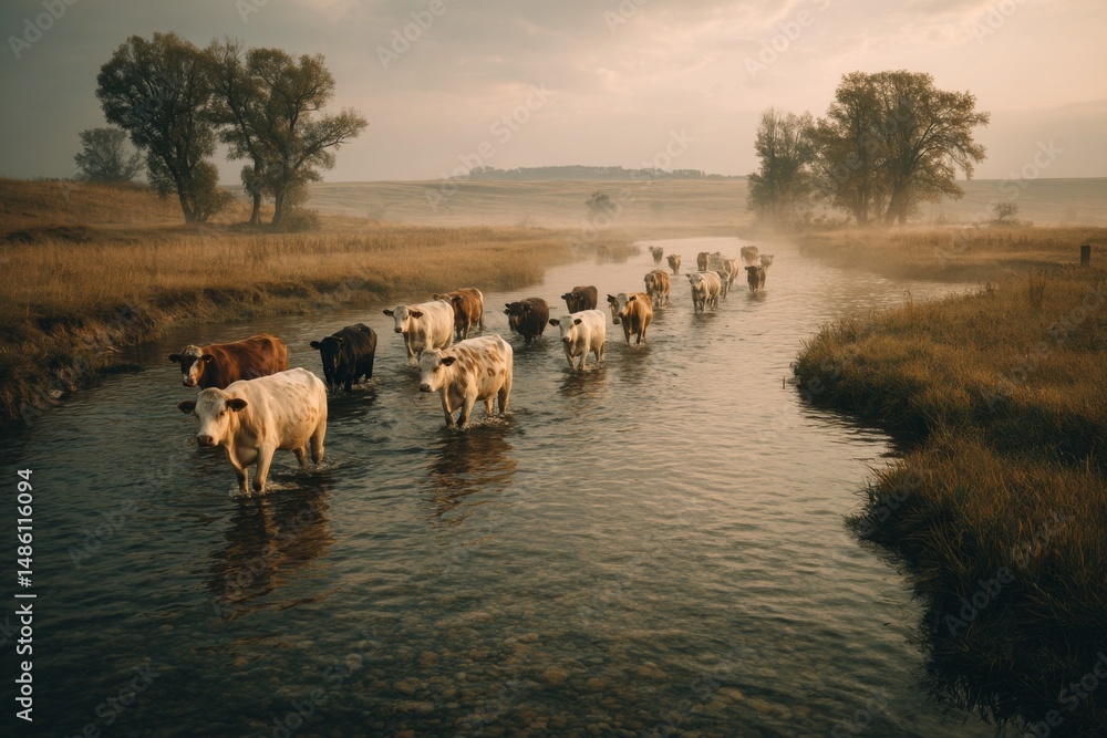 Obraz premium Cattle herd crossing shallow river in rural landscape with morning mist; farm animals journeying through the water and grassland