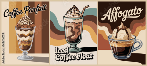 Set of retro coffee posters with different type of coffee. vector vintage art illustrations