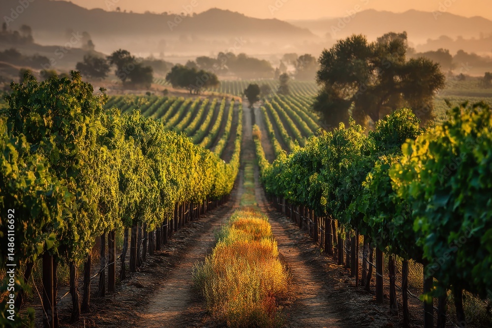 Naklejka premium Tranquil Vineyard Rows at Sunrise with Distant Mountains under Hazy Skies, Showcasing Agriculture and Viticulture