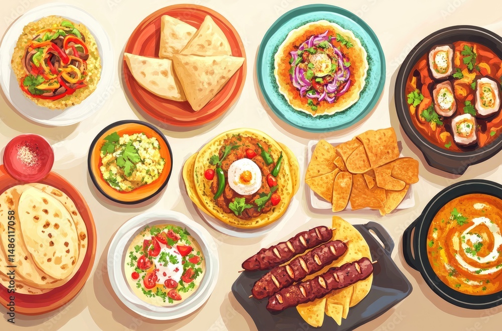 Diverse assortment of international dishes, from savory rice bowls to grilled kebabs and crispy tortilla chips, showcasing a variety of cuisines Diverse assortment of international dishes, from savory rice bowls to grilled kebabs and crispy tortilla chips, showcasing a variety of cuisines