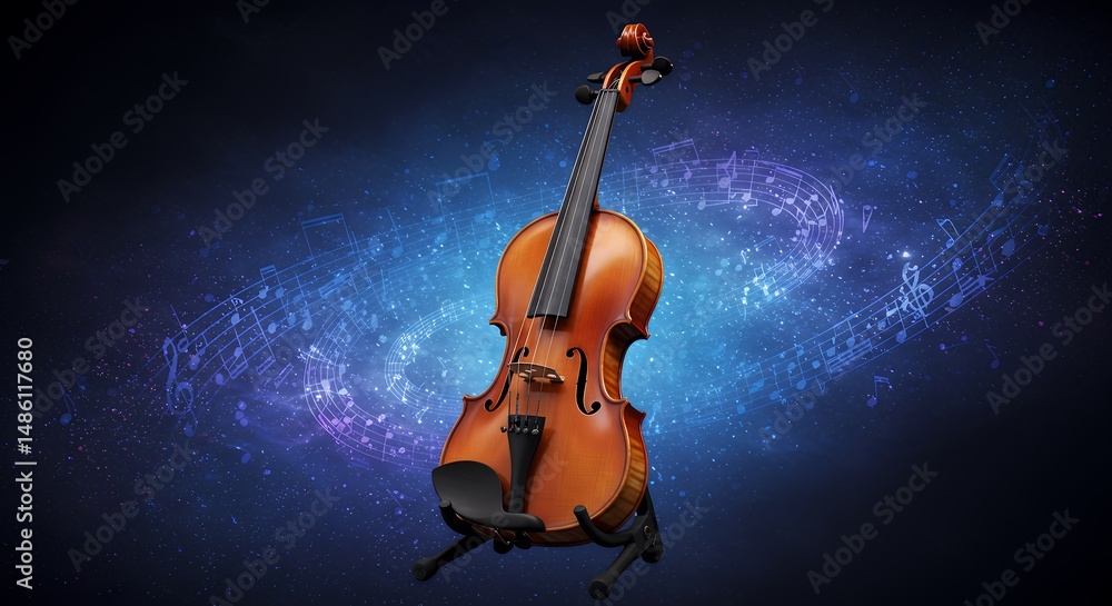Fototapeta premium Violin on Stand with Musical Notes Background