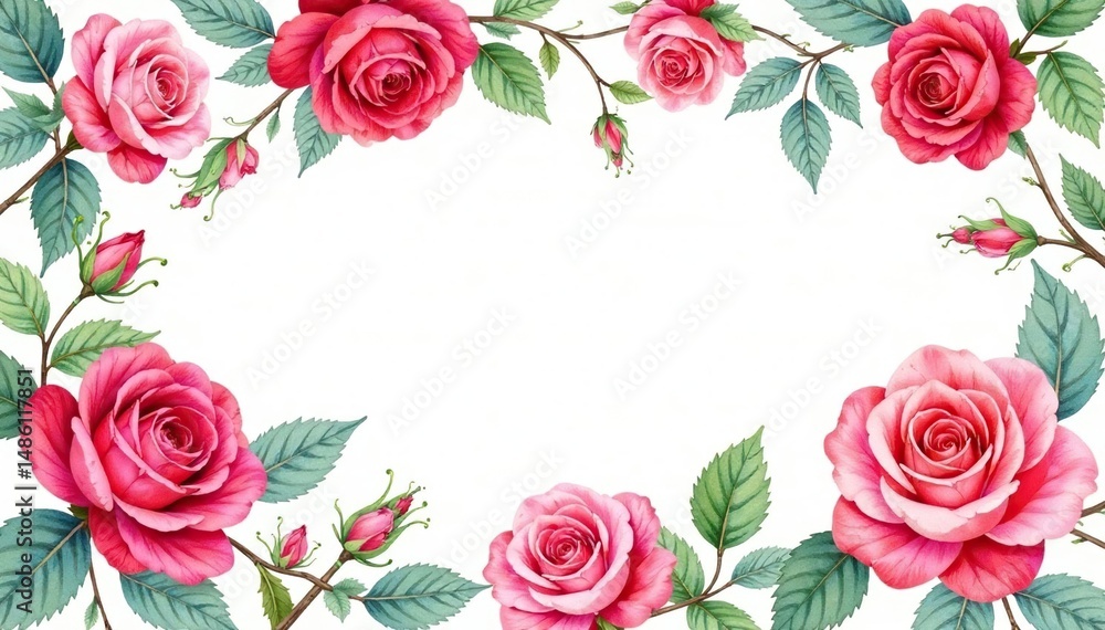 Naklejka premium Intricate watercolor roses & leaves, repeating design, roses, design, summer