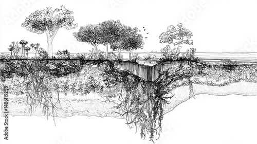 Detailed cross-section of a landscape's root system.