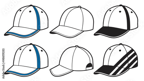Baseball Cap Design Grid: Front, Side, and Rear Views Template