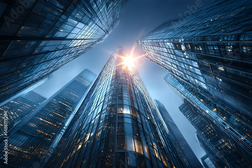 Wallpaper Mural Low angle view of modern glass skyscrapers with a bright sun flare Torontodigital.ca