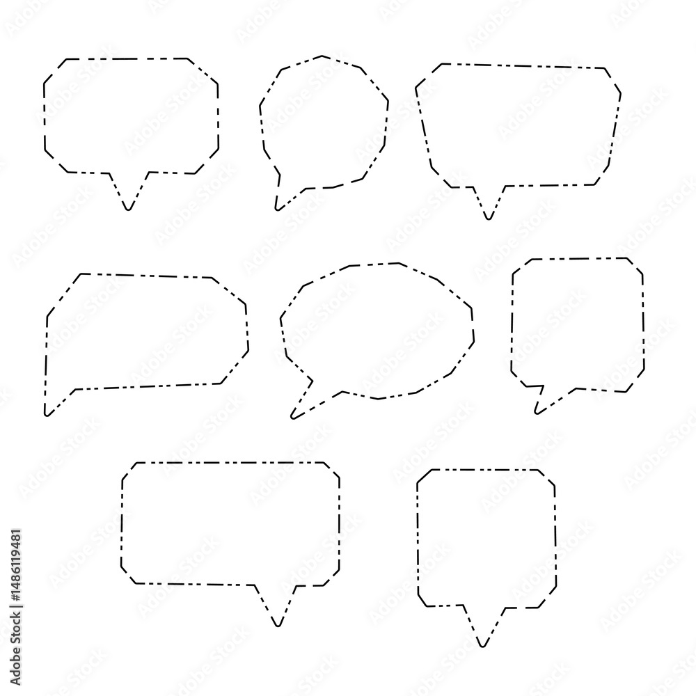 Fototapeta premium bubble chat line dashSet of dashed outline speech bubbles in various geometric shapes, suitable for comics, messaging, and design projects.