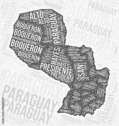 Paraguay regions map word cloud. Paraguay region names. Black and white map design. Artistic vector illustration.