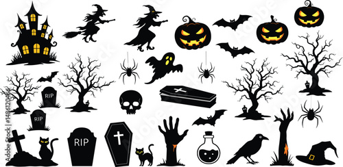 Collection of Halloween silhouettes. Haunted house, creepy tree, flying witch, pumpkins, halloween ghost, owl, coffin lid etc