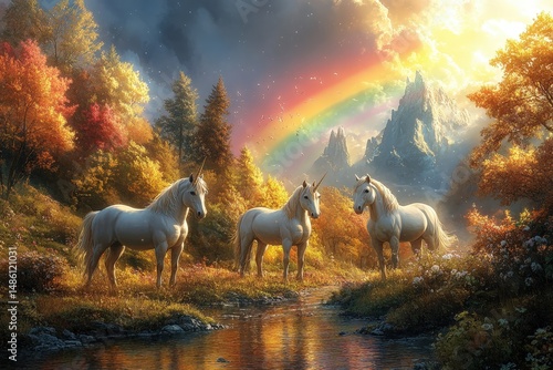 Magical Landscape Featuring Unicorns Under a Vibrant Rainbow and Golden Sunlight in a Lush Meadow Filled With Colorful Flowers