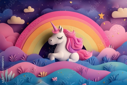 Magical Landscape Featuring Unicorns Under a Vibrant Rainbow and Golden Sunlight in a Lush Meadow Filled With Colorful Flowers