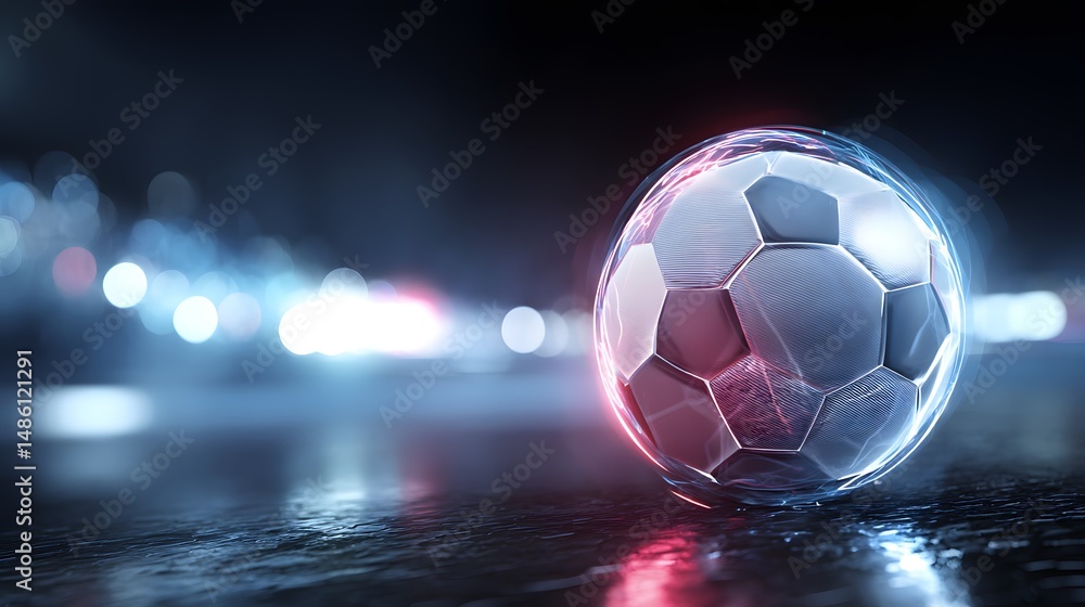 Fototapeta premium Vibrant Soccer Ball on Glowing Surface with Dynamic Light Effects