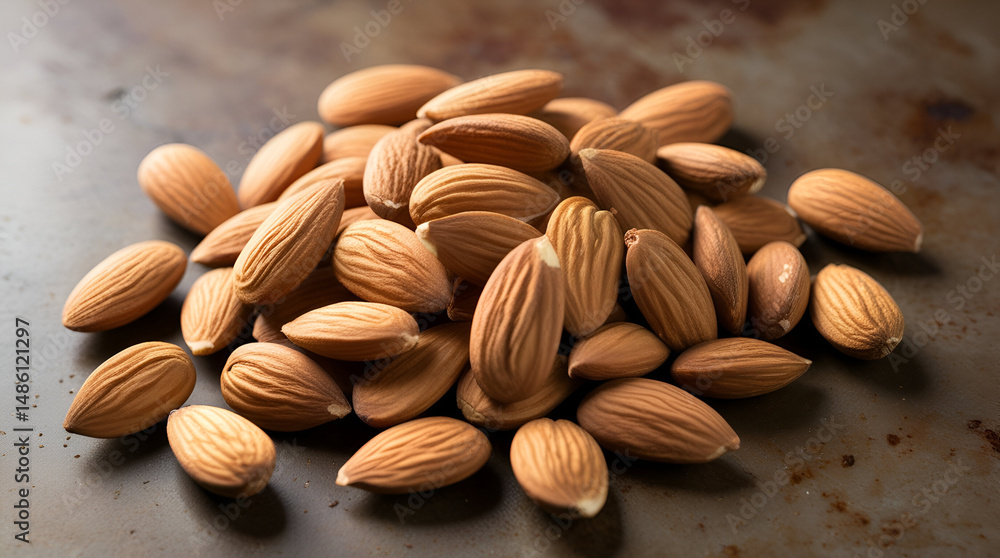 Obraz premium Unroasted almond nuts piled together in a rustic setting, perfect for healthy food or organic product themes.