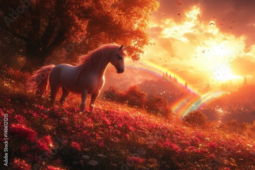 Magical Landscape Featuring Unicorns Under a Vibrant Rainbow and Golden Sunlight in a Lush Meadow Filled With Colorful Flowers