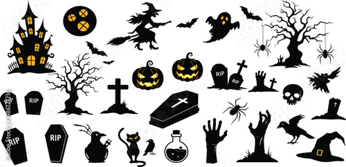 Collection of Halloween silhouettes. Haunted house, creepy tree, flying witch, pumpkins, halloween ghost, owl, coffin lid etc