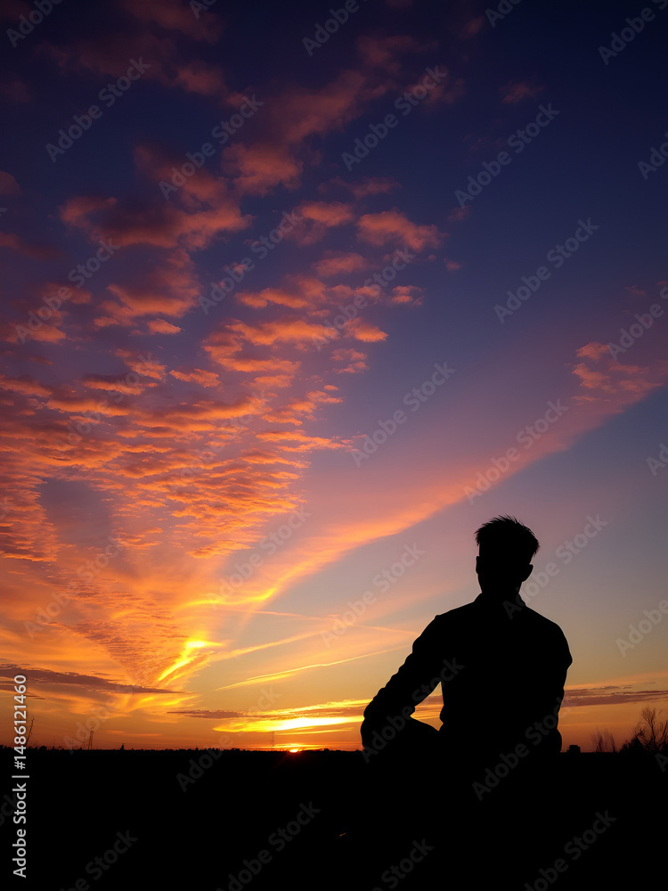 Fototapeta premium Man sitting alone watching the beautiful sunset.