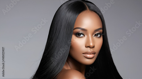 Beauty Fashion model. Black woman face, beautiful straight hair.