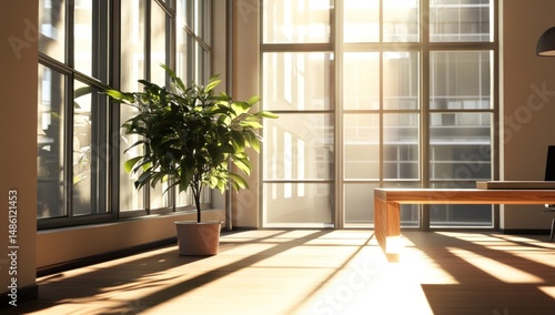 Sunlit Office Interior with Plant