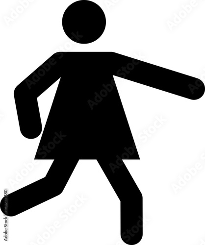 Black pictogram of a woman walking with outstretched arm