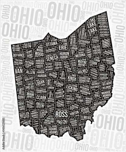 Ohio counties map word cloud. Ohio region names. Black and white map design. Vibrant vector illustration.