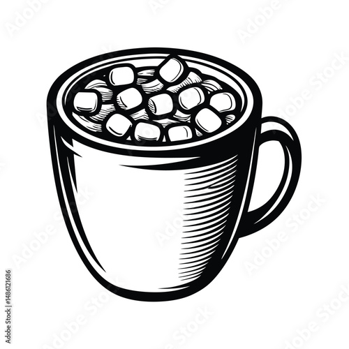 Monochrome Cup Filled with Marshmallows, Black and White Illustration, Vintage Style
