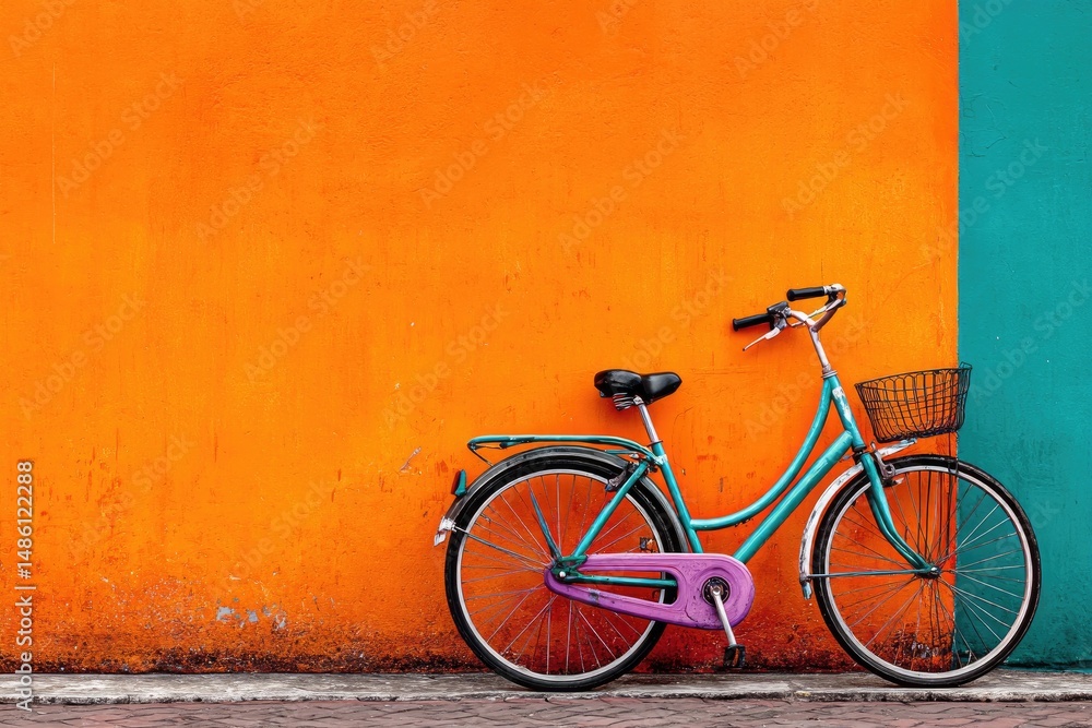 Colorful Bicycle Leaning Against Vibrant Wall Colorful Bicycle Leaning Against Vibrant Wall