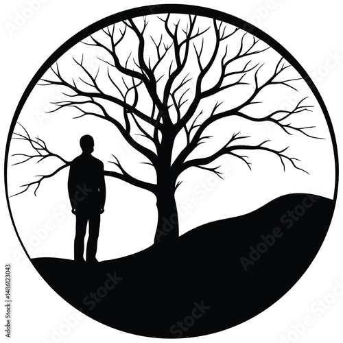 Silhouette man standing by bare tree against clear sky