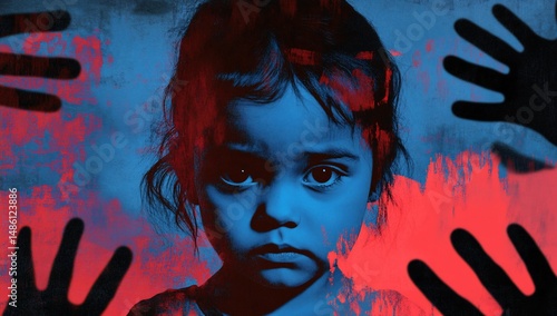 Child abuse with fear, sad girl, and hands.