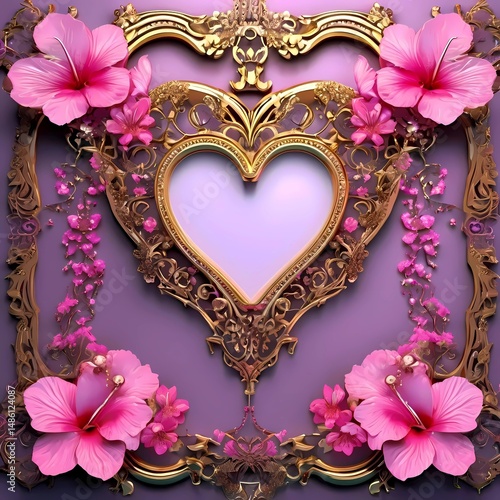 Ornate gold heart frame pink flowers purple background