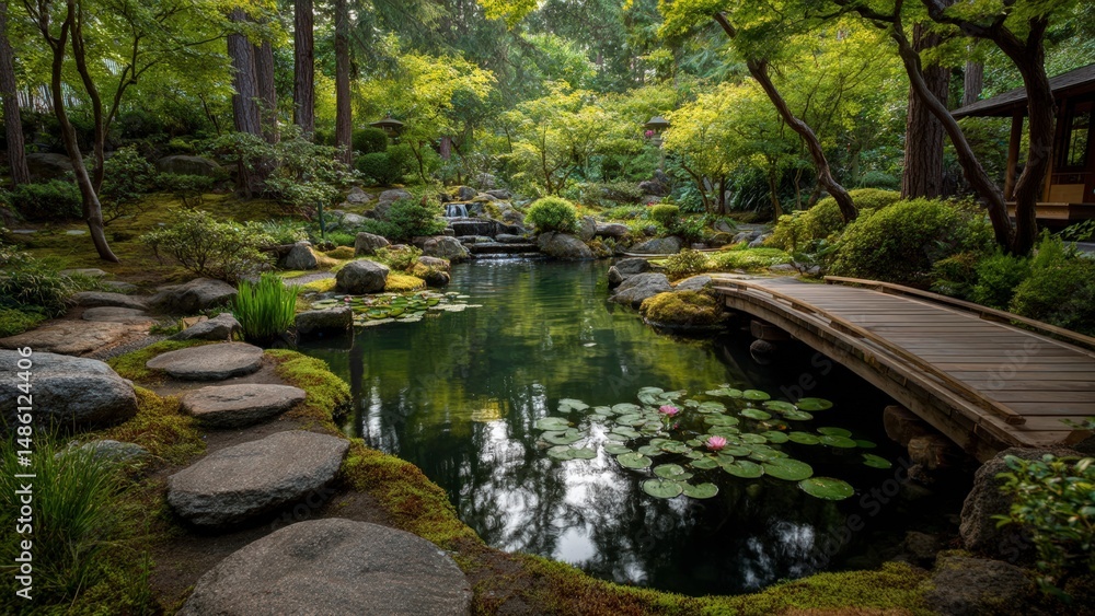 Obraz premium Beautiful Traditional Japanese Garden with Pond