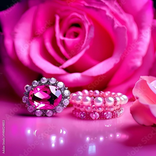 Pink rose with sparkling ring and bracelet