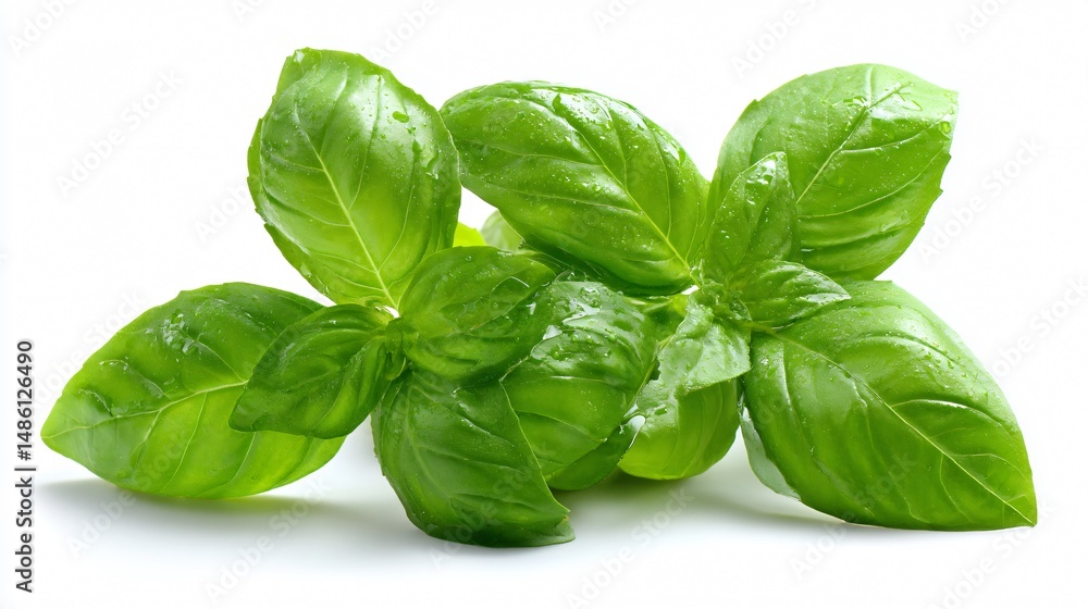 Fototapeta premium Fresh Basil Leaves on White Background, Isolated Backdrop