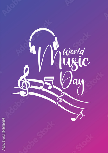 World Music Day June 21 headphone music note vector poster