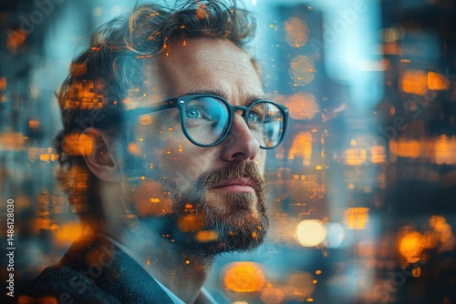 Modern Entrepreneur Using a Digital Tablet in a Bustling Cityscape During the Evening Hours