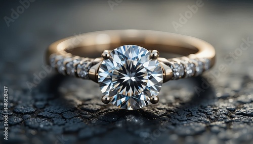 Closeup of Sparkling Diamond Ring on Dark Textured Surface.