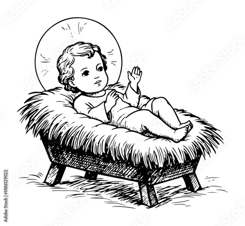 baby jesus lying in manger with halo and hay
