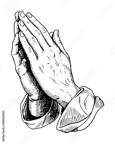 praying hands in engraving style with detailed cuffs