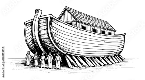 noah's ark under construction with people below