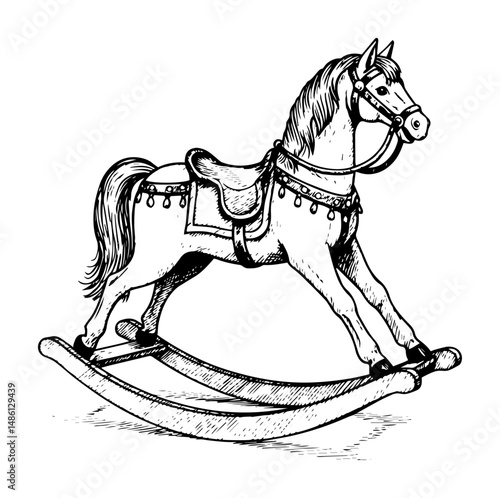 wooden rocking horse toy with saddle and reins