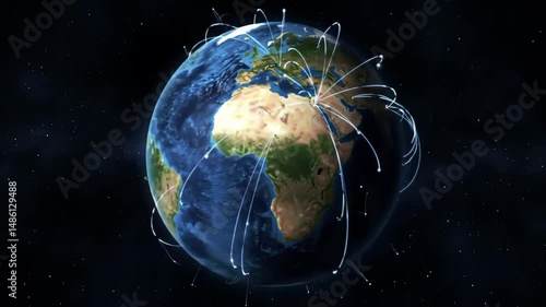 3D graphic rendering of Earth with glowing lines representing global network communication and data transfer. Represents technology internet connectivity and international business. Ideal for tech