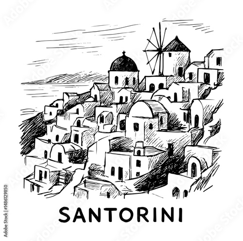 santorini greek village with white houses and windmill