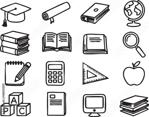 Hand drawn education and school doodles, academic icons including books, globe, diploma, and computer, perfect for classroom materials, learning tools, educational websites, school graphics