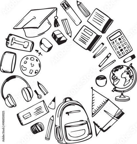 Hand-Drawn School Supplies Circle Frame, Back to School Sketch Doodles for Education Design, Learning Tools Border, Classroom Stationery Illustration, Academic Art Template