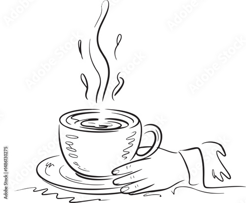Minimalist line art illustration of a steaming coffee cup with rising steam lines, black on white, evoking a cozy morning mood

