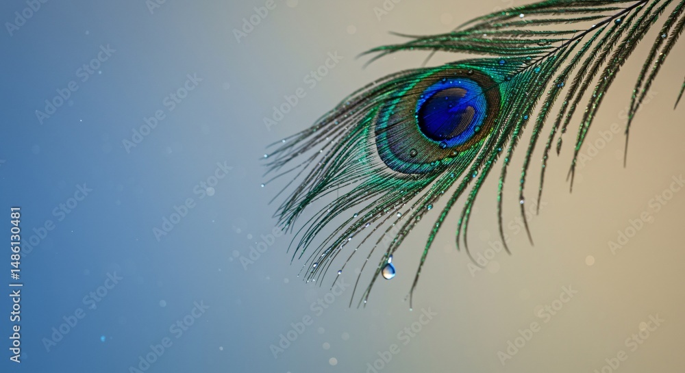 Obraz premium Close-up of a Peacock Feather with Water Droplets