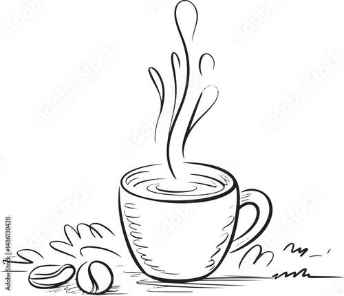 Minimalist line art illustration of a steaming coffee cup with rising steam lines, black on white, evoking a cozy morning mood


