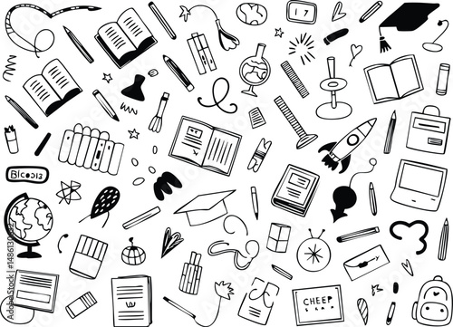 Hand-drawn doodle pattern of school and education supplies, ideal for back to school designs, educational websites, classroom posters, kids’ learning materials, stationery backgrounds